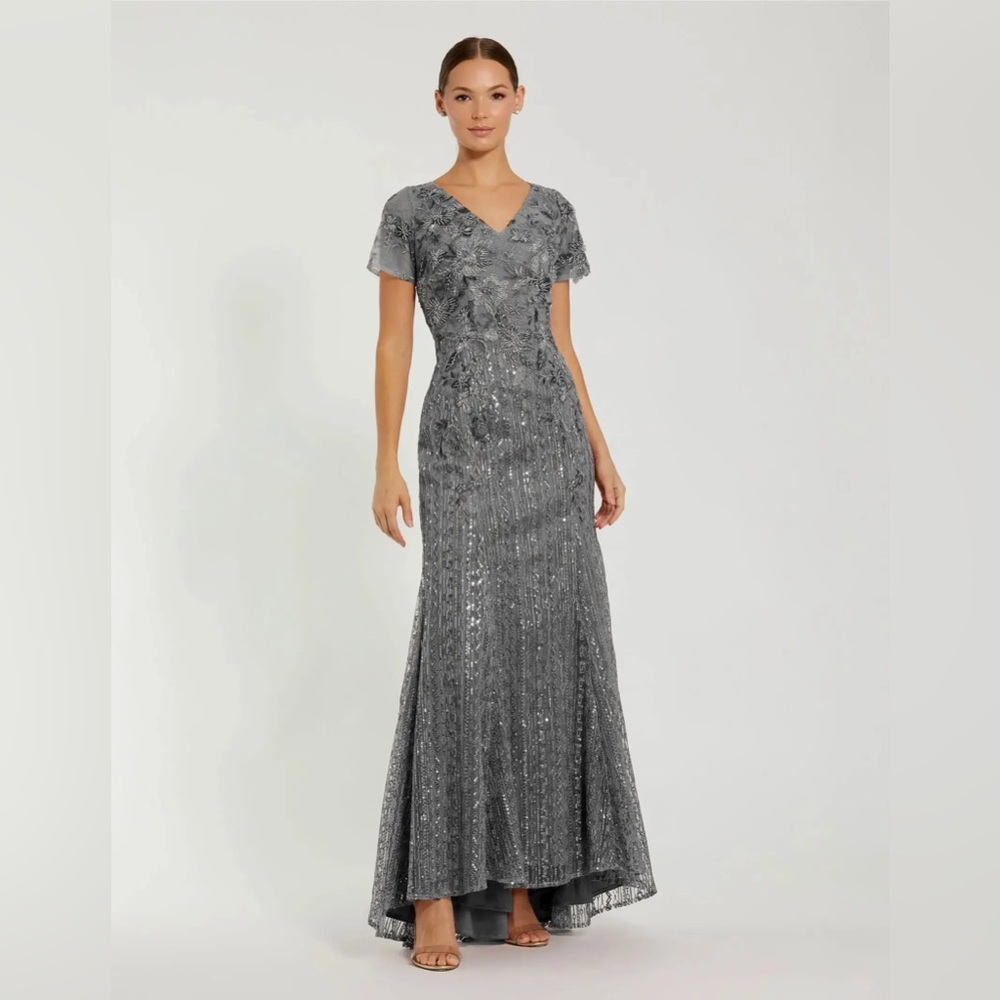 Mac Duggal Silver Sequin Maxi Dress